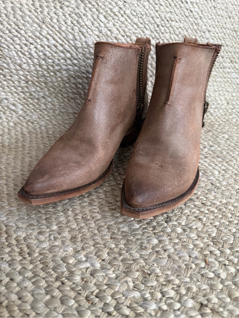 Frye Distressed Tan Leather Pointed Ankle Booties